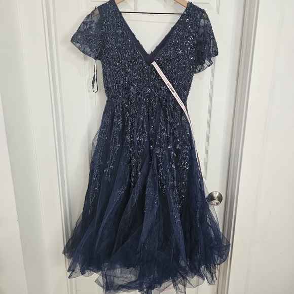 Mac Duggal Embellished Fluter Sleeve Tea Length Dress - Picture 3 of 6